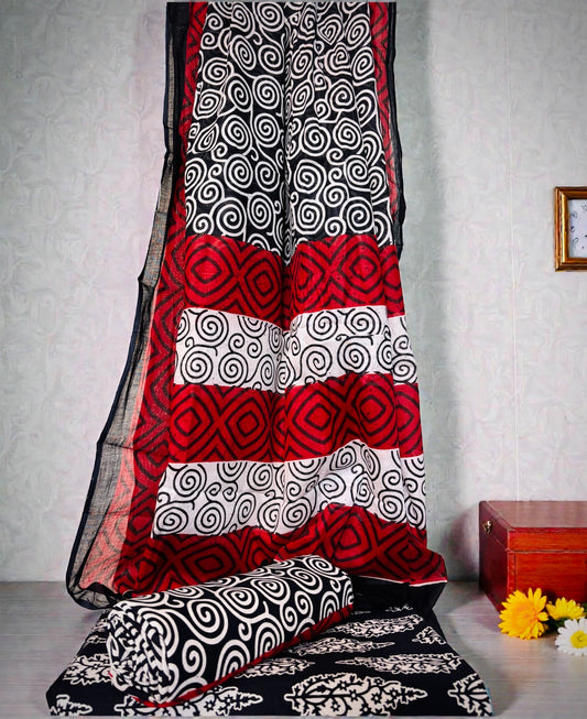 Batik Print 3PC Dress Material- Red Black