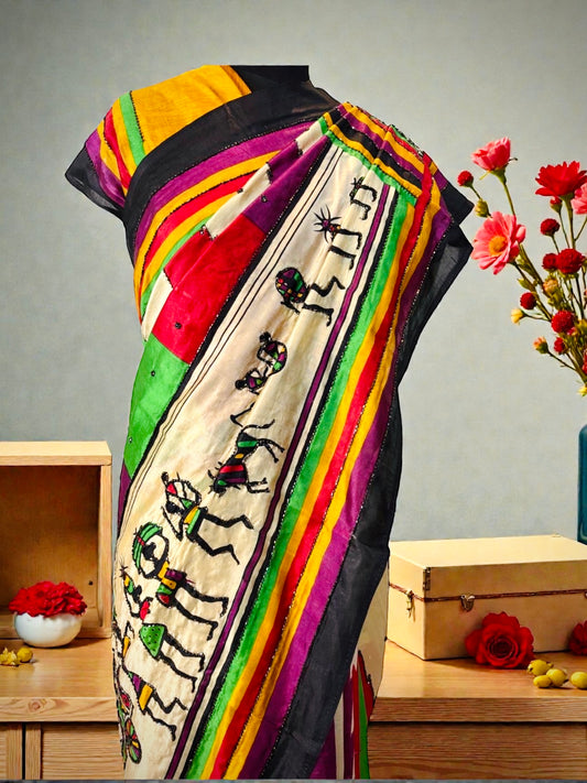 Designer Multicoloured Silk Saree with Cutdana work