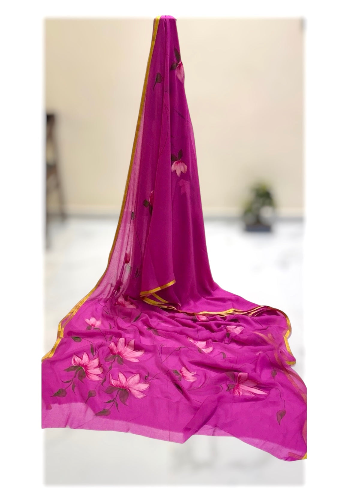 Pure Double Diamond Chiffon Hand-painted Saree- Pink