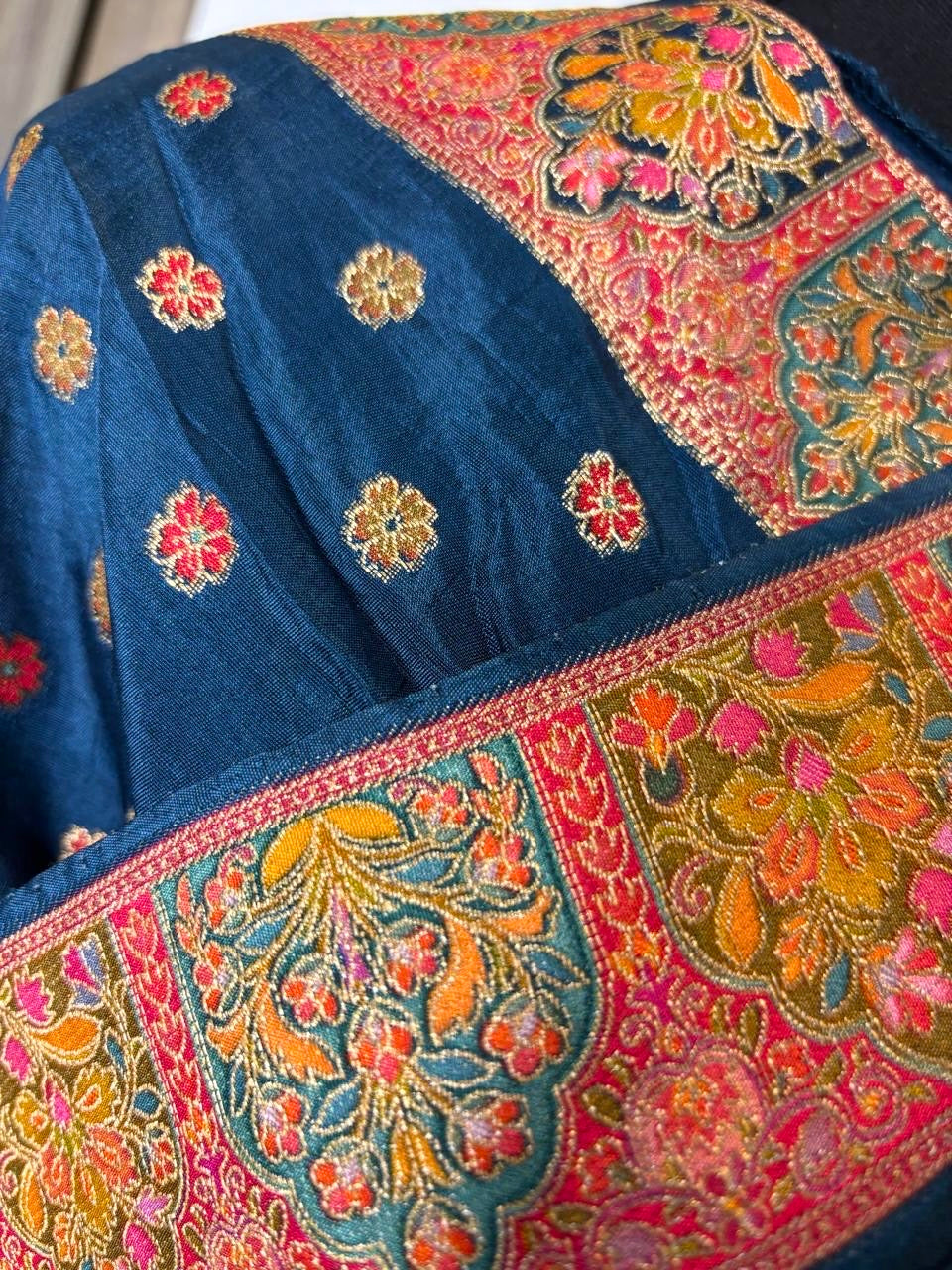 Peacock Blue Pure Pashmina Kani Silk Saree
