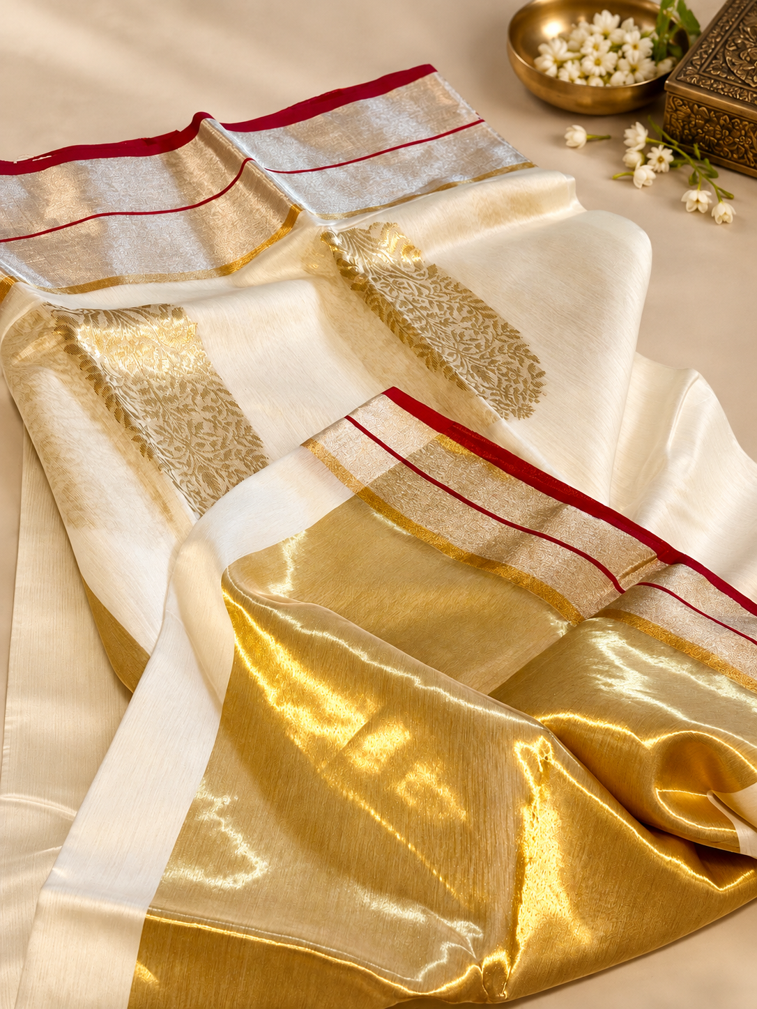 Ivory Gold Pure Handloom Chanderi Silk Saree with floral tree motif