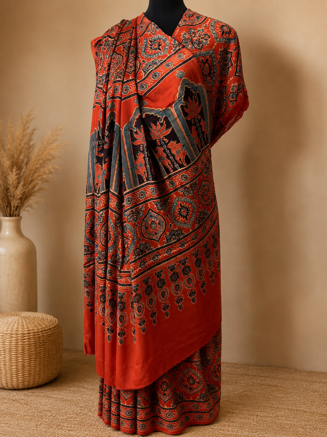 Rust Red Pure Modal Gajji Silk Ajrak Handblock Print Saree