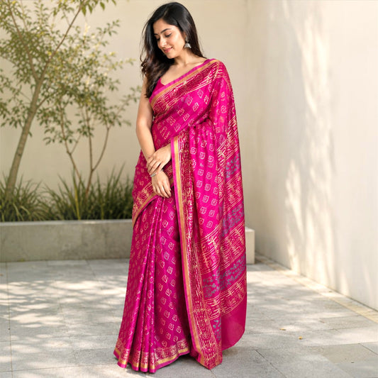 Pure Chanderi Silk Handblock Print Saree- Rani Pink