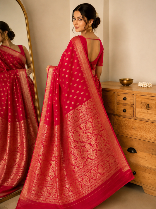 Red Pure Handloom Khaddi Georgette Kadwa Butta Banarasi Saree
