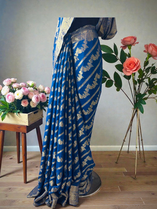 Blue Pure Chiffon Banarasi Jaal work Saree