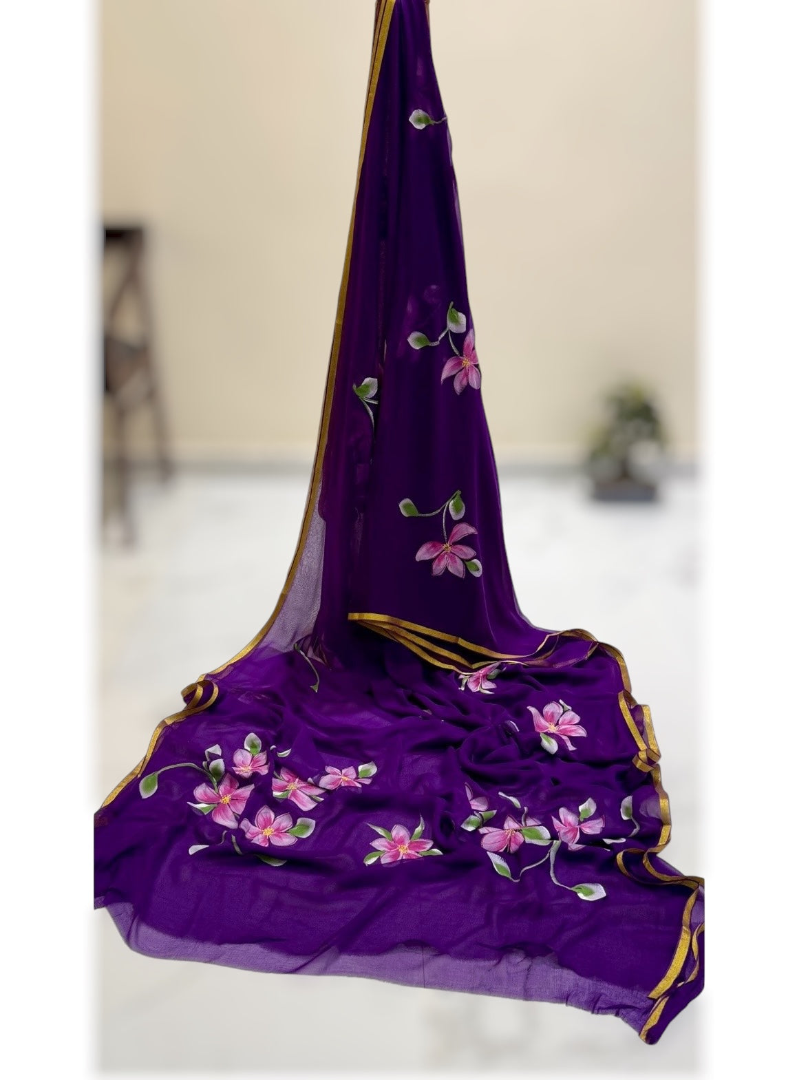 Pure Double Diamond Chiffon Hand-painted Saree- Purple