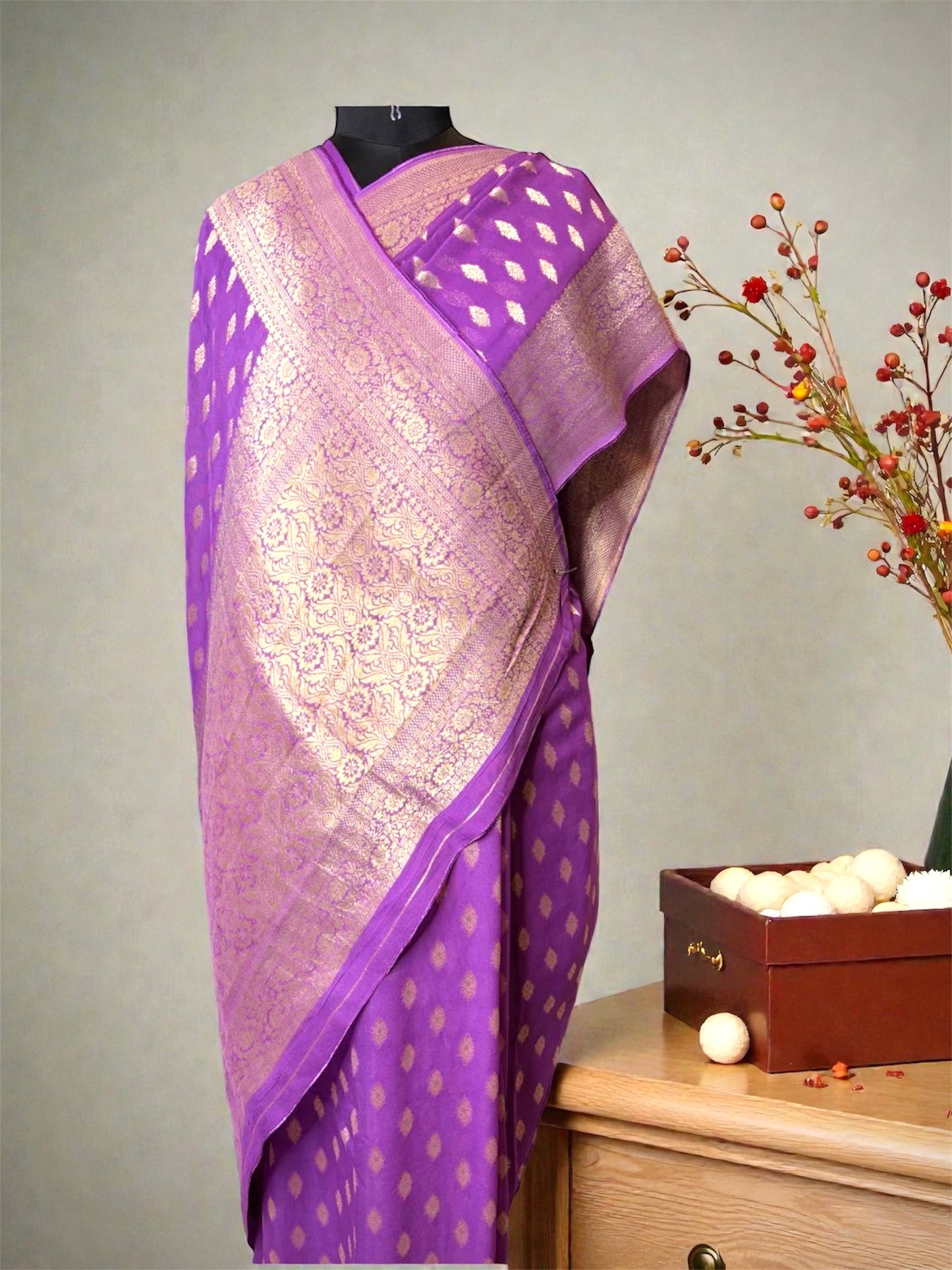 Pure Handloom Khaddi Georgette Kadwa weave Banarasi Saree- Purple