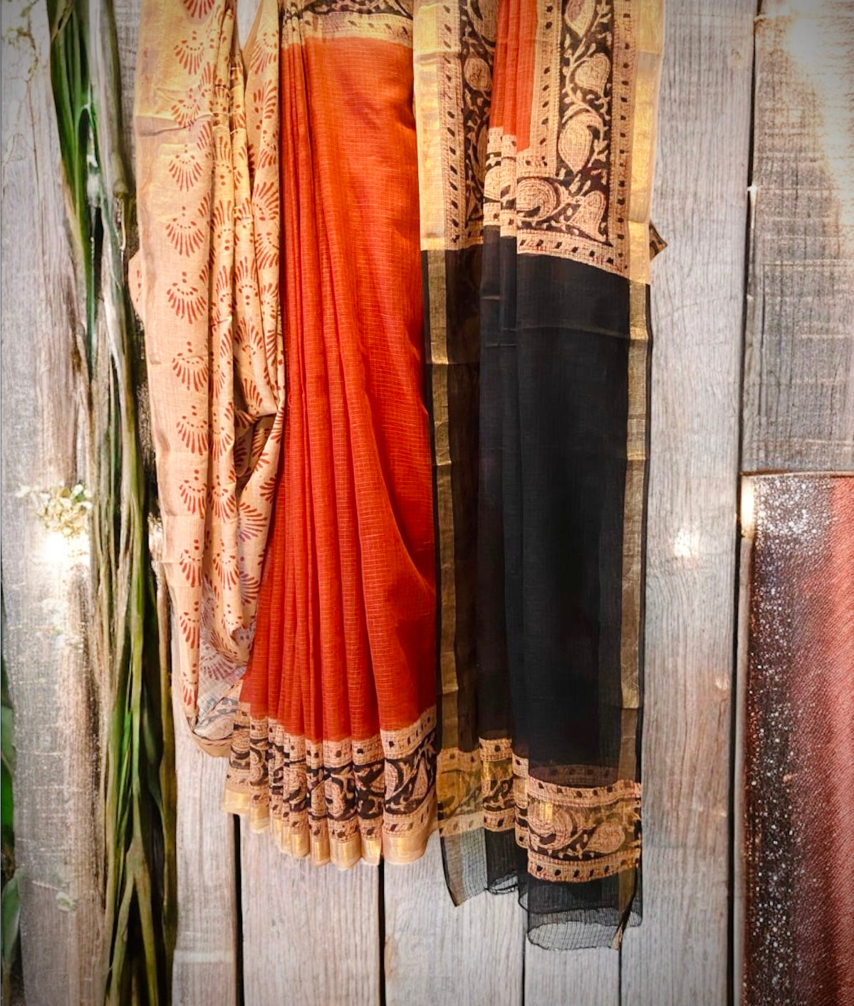 Rust Hand-block Printed Pure Kota Doria Saree