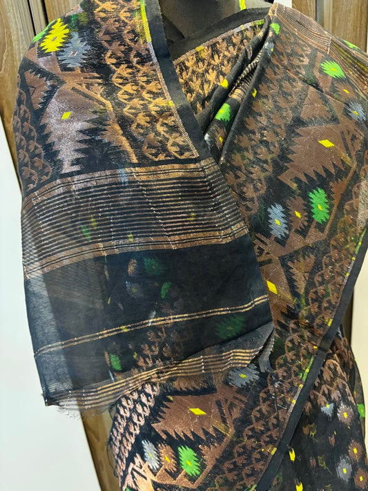 Resham Jamdani Handwoven Saree- Cooper Black