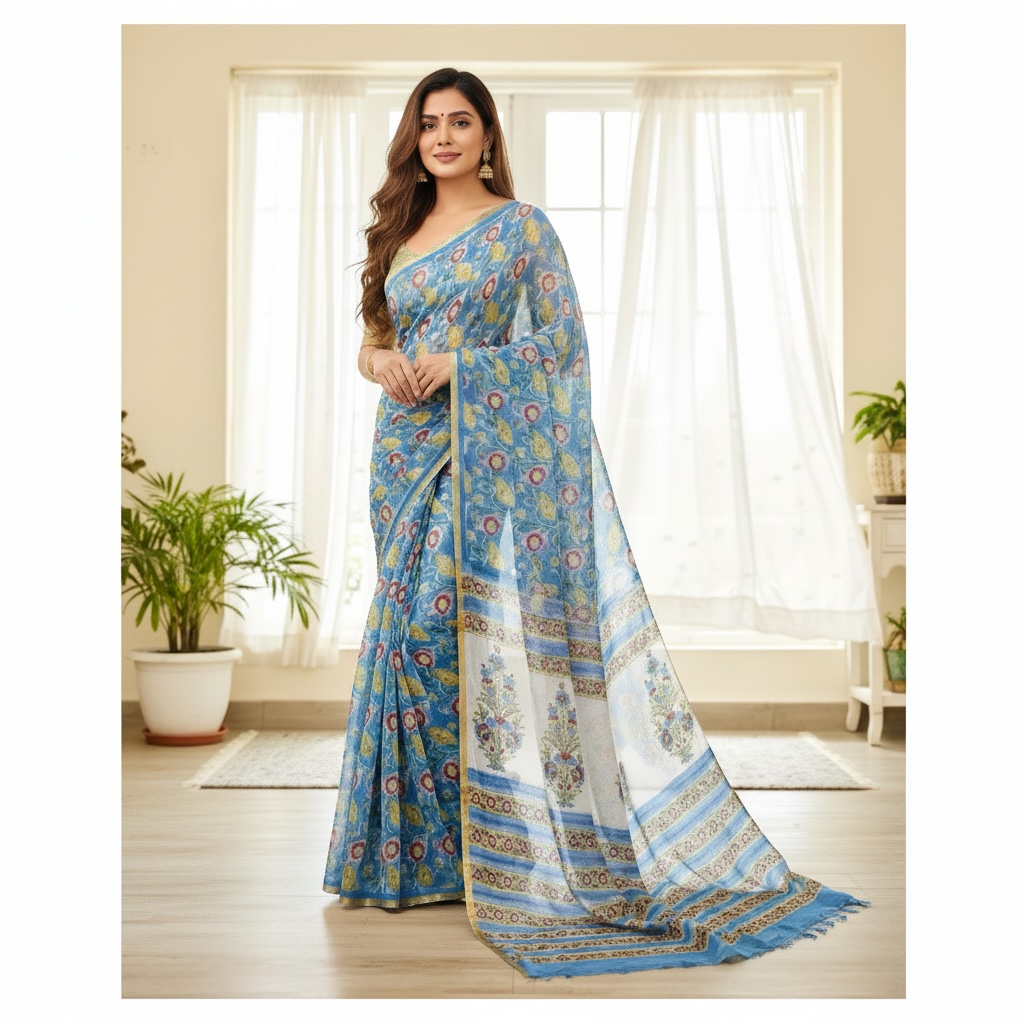 Pure Double Diamond Chiffon Handblock Print Saree- Blue