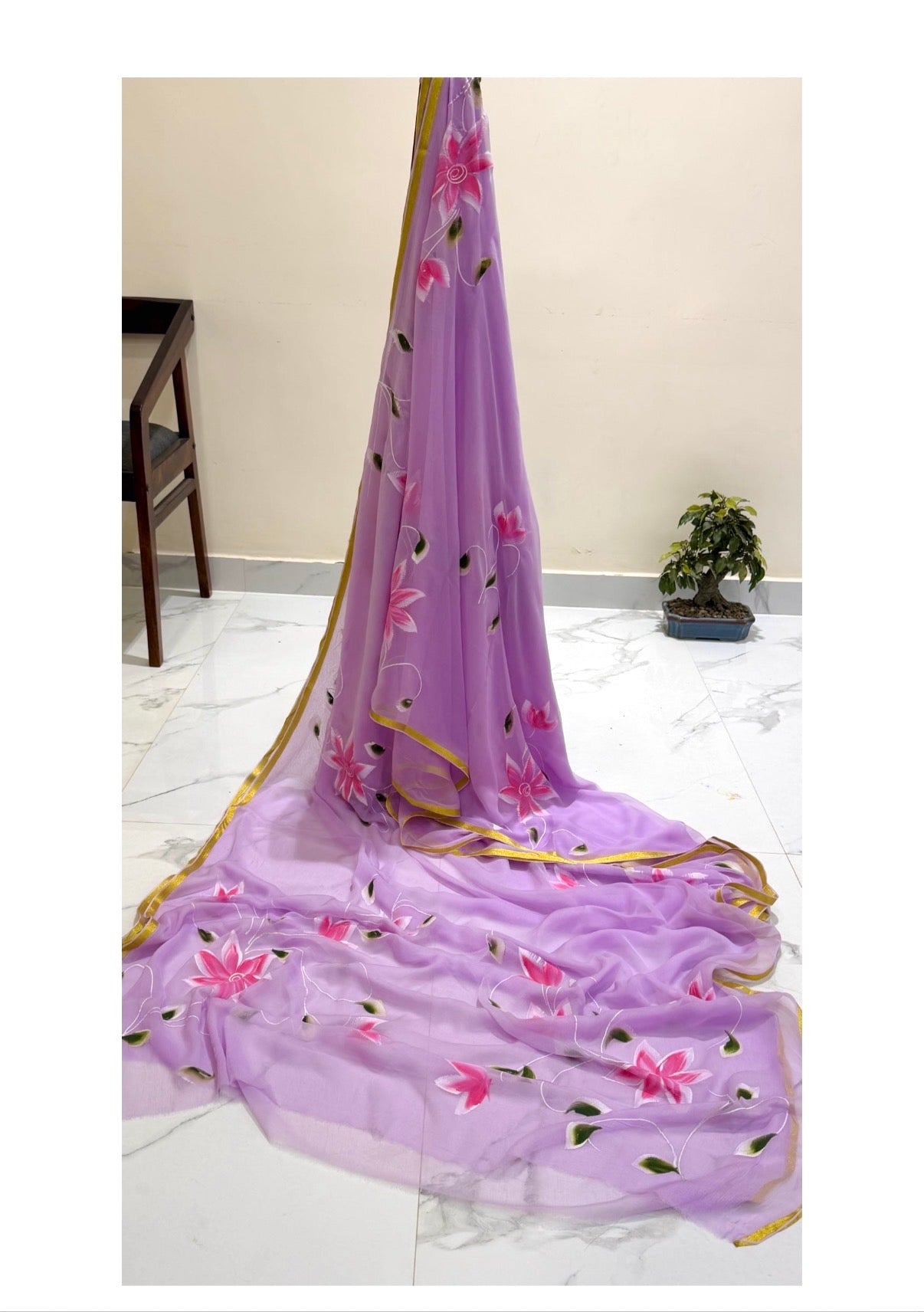 Pure Double Diamond Chiffon Hand-painted Saree- Lavender
