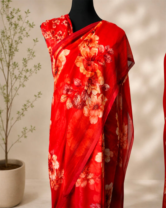 Floral Pure Chiffon Saree- Summer Edition- Red