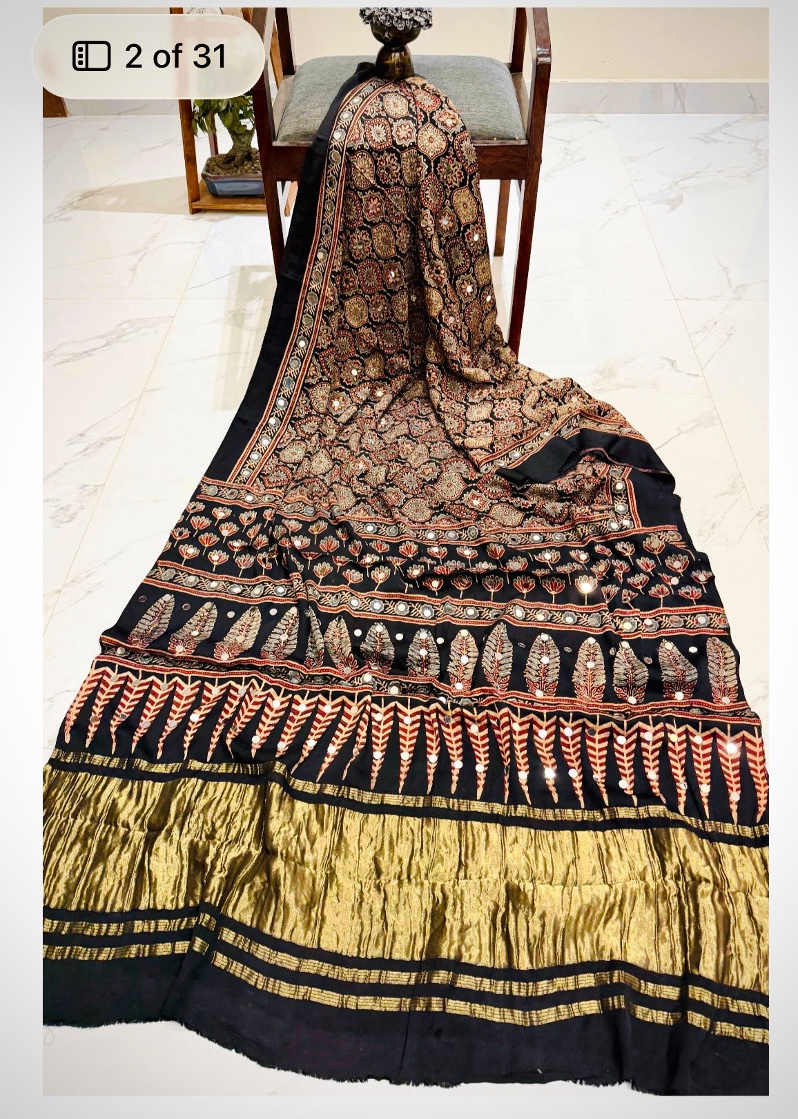 Pure Modal Silk Handblock Ajrakh Mirror Work Saree- Black Lotus