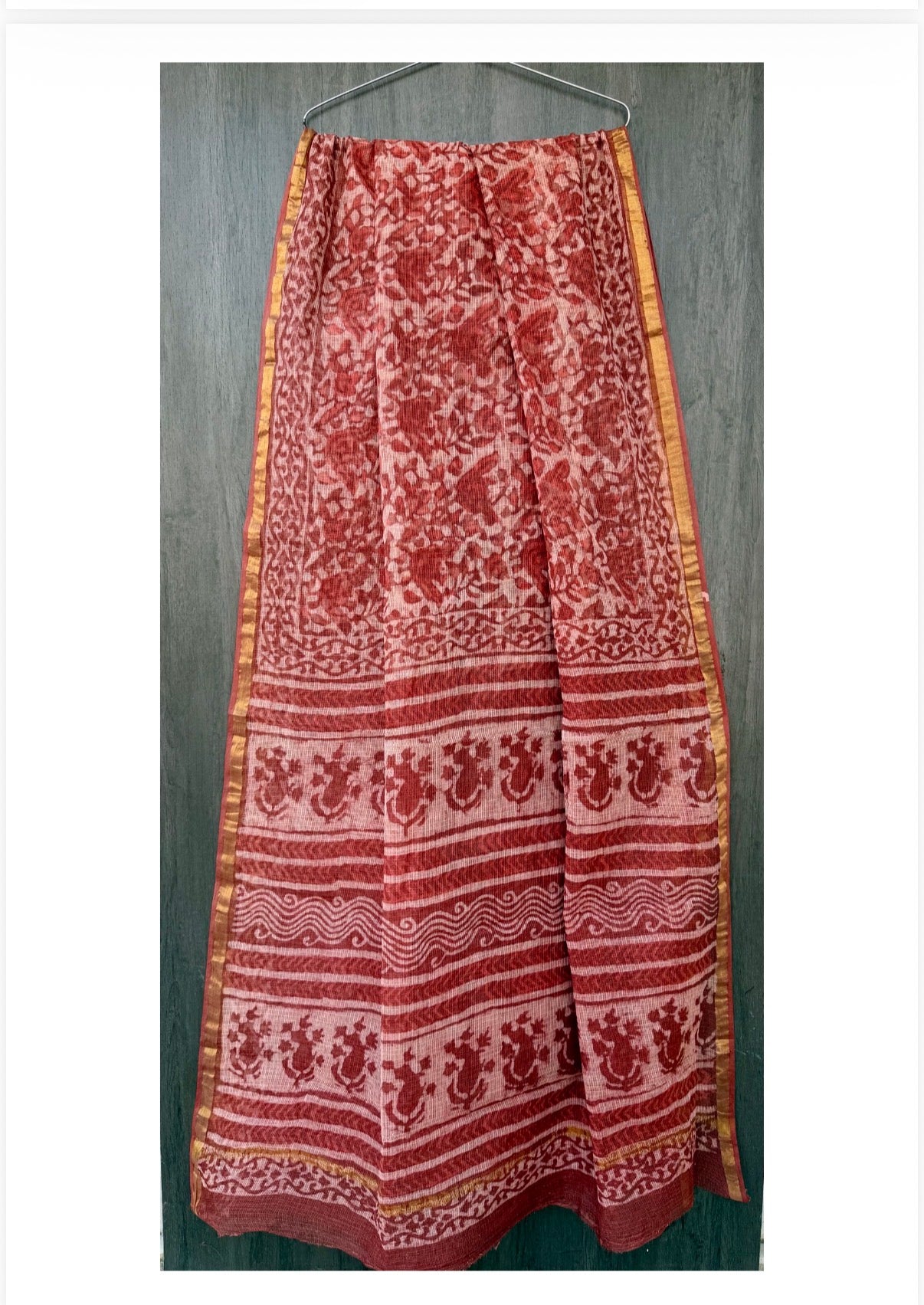 Kota Doria Pure Handloom Hand-block Print Saree- Red