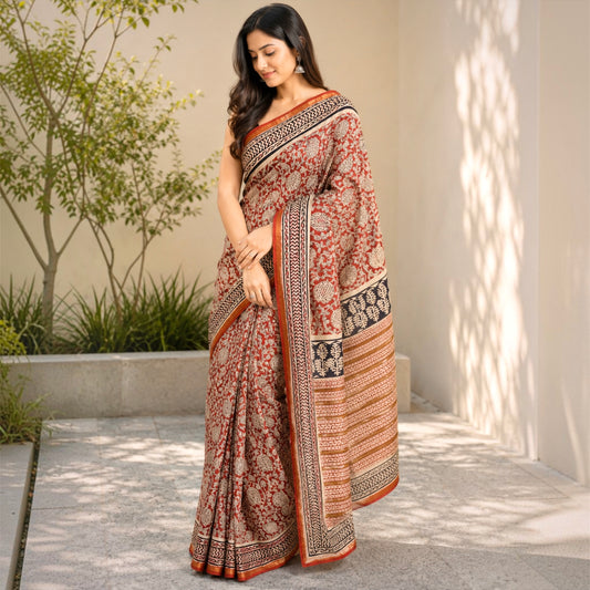 Pure Chanderi Silk Handblock Print Saree- Red