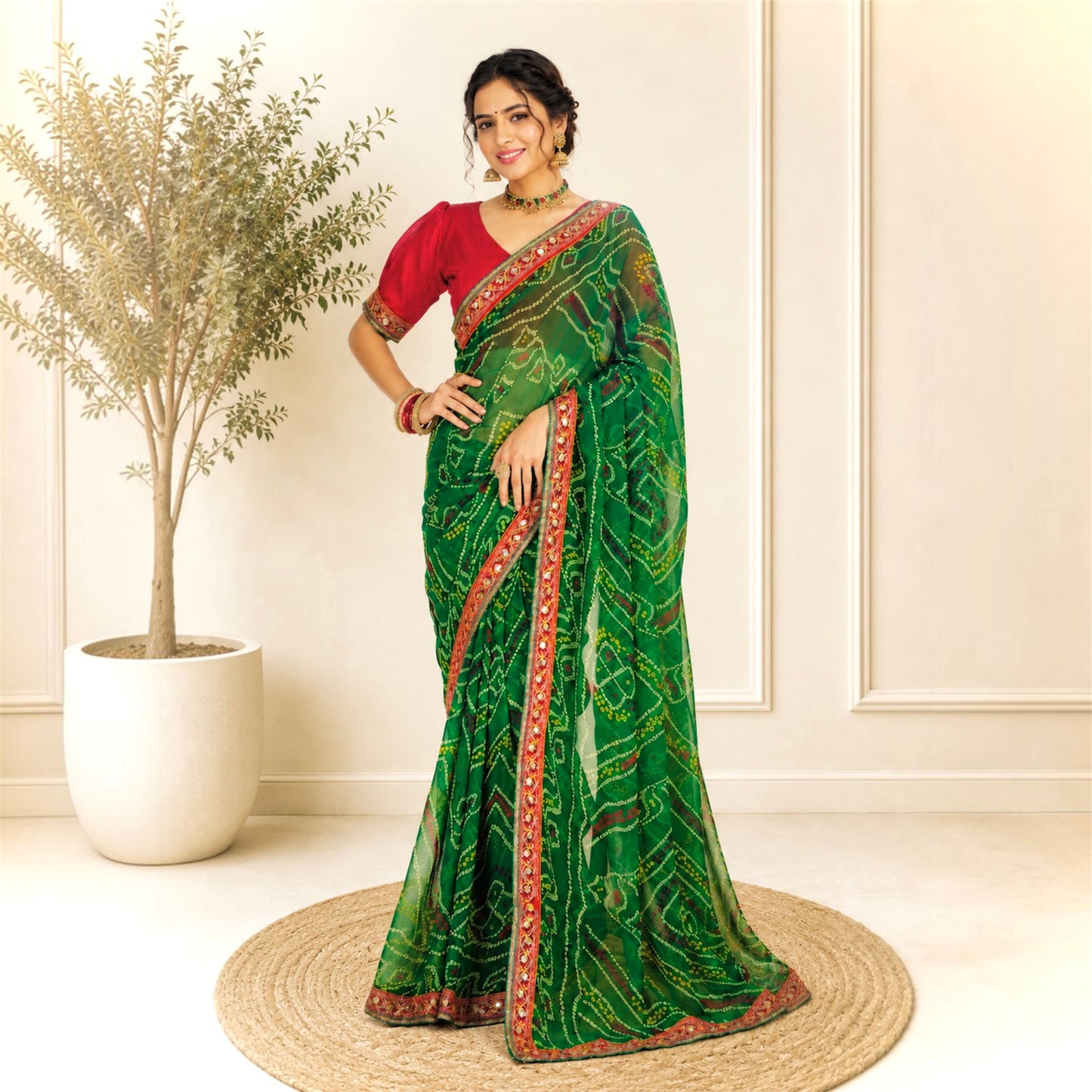 Green Chiffon Bandhani Saree with Designer Embroidered blouse