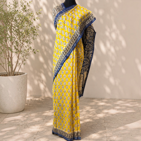 Pure Chanderi Silk Handblock Print Saree- Yellow blue