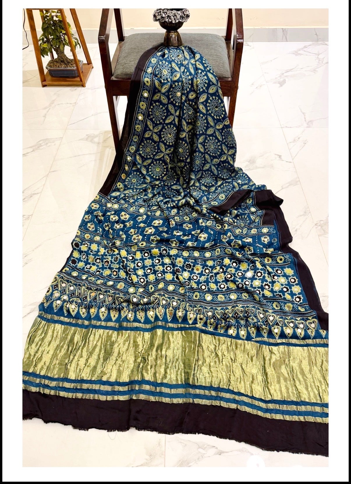 Pure Modal Silk Handblock Ajrakh Mirror Work Saree- Blue Lotus