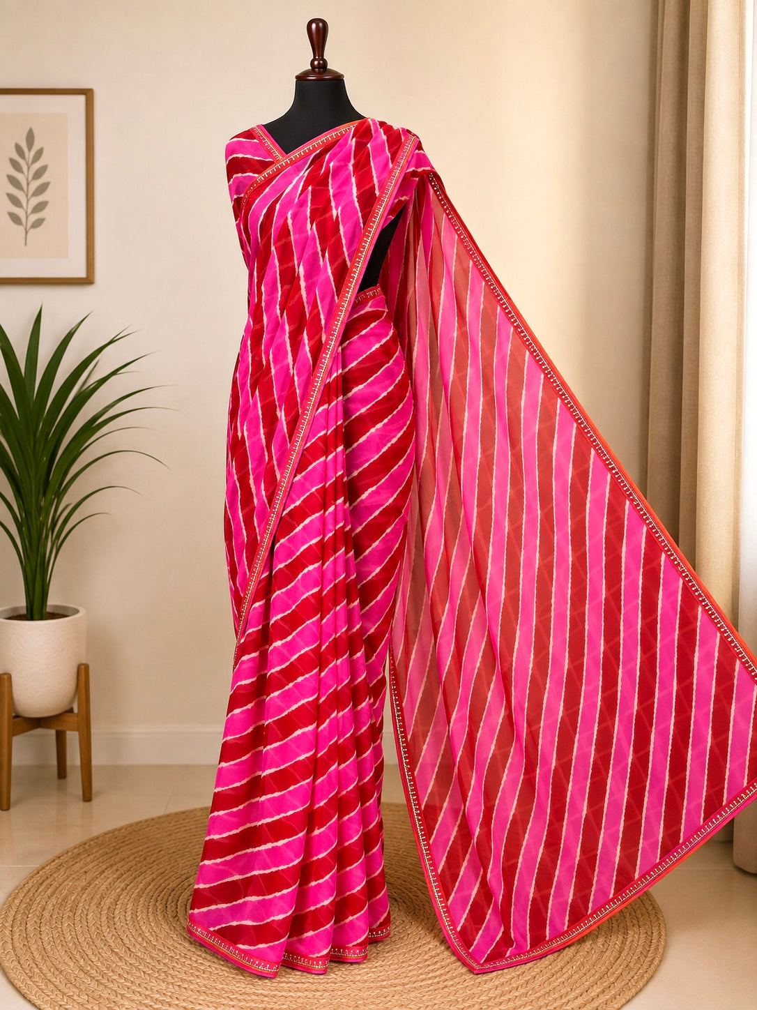 Rani Pink Designer Chiffon Leheriya Saree