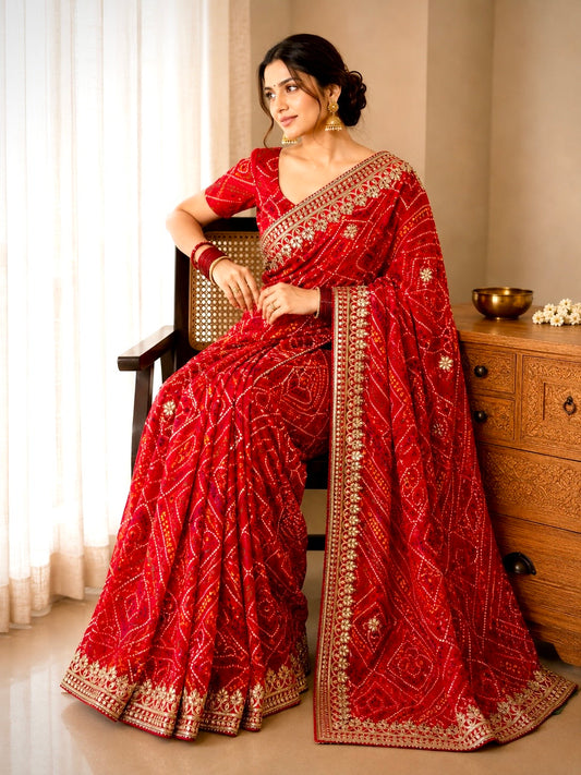 Red Bandhani Heavy Gotta Patti Georgette Handwork Saree