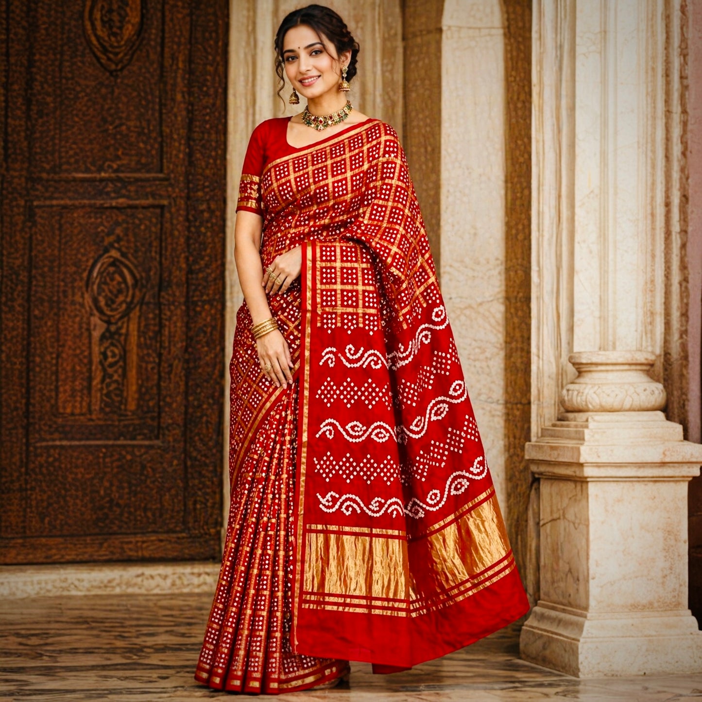 Pure Modal Silk Handloom Gharchola Bandhani Saree- Red