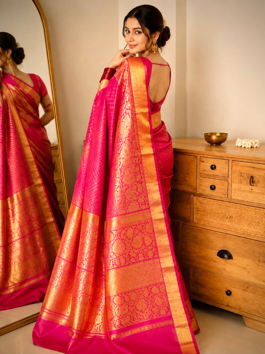 Pure Brocade Kanjivaram Rani Pink Silk Saree with Gold Zari- Silk Mark Certified