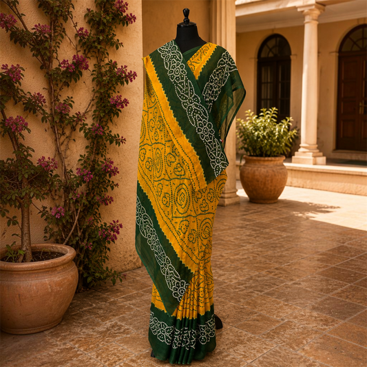 Rajputi Chiffon Bandhani Saree- Green Yellow