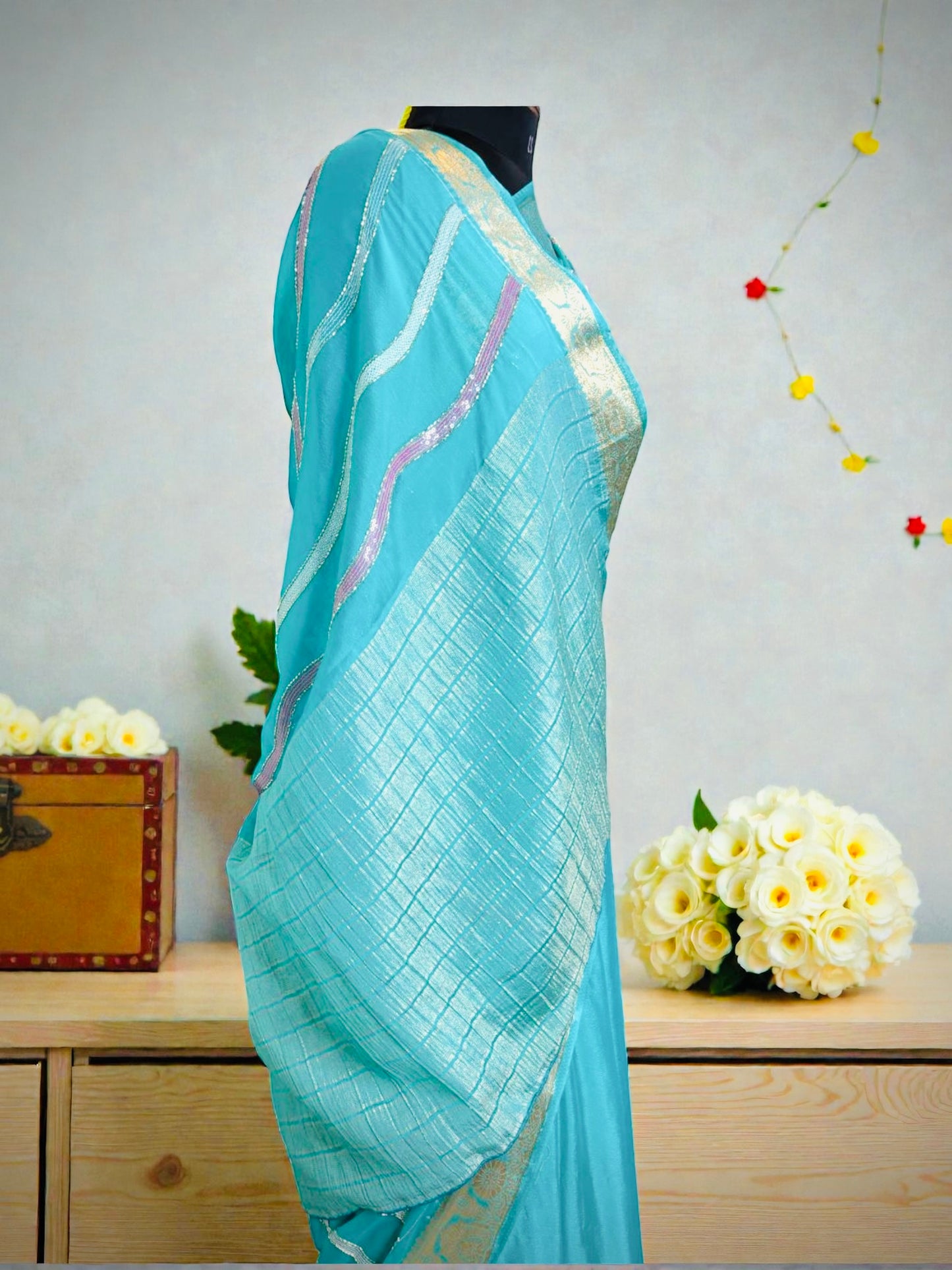 Turquoise Blue Sequins Hand Embroidered Pure Chinon Saree