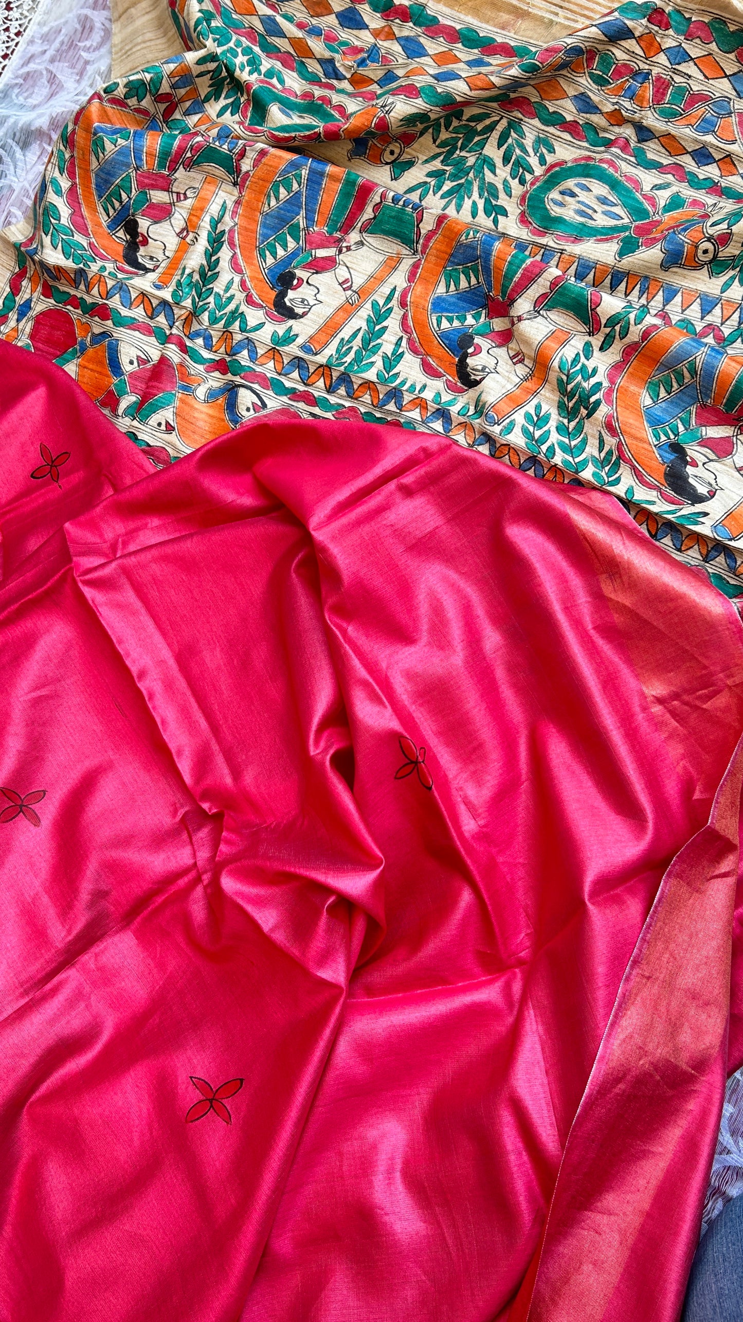 Rani Pink Pure Bapta Silk with Ghicha Madhubani work Saree
