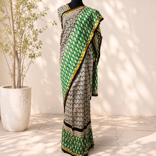 Pure Chanderi Silk Handblock Print Saree- Green