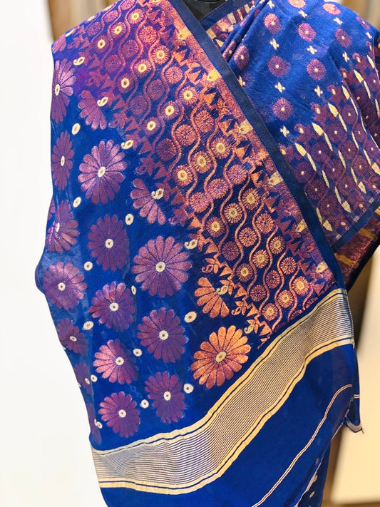 Resham Jamdani Handwoven Saree- Royal blue