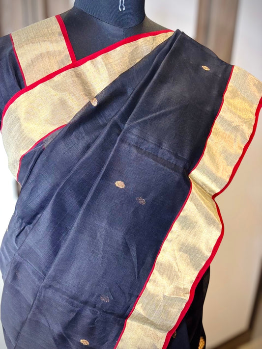 Black Pure Handloom Cotton Silk Chanderi Saree