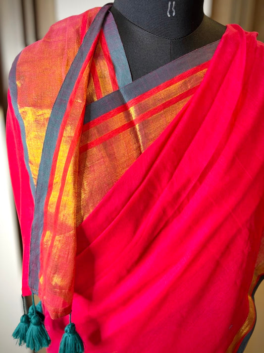Mul Mul Cotton Saree- Red