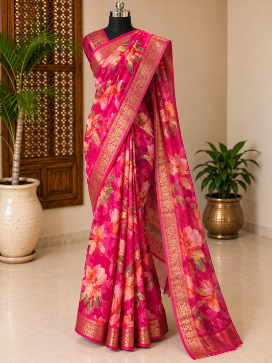 Rani Pink Designer Floral Chiffon Banarasi Border Saree