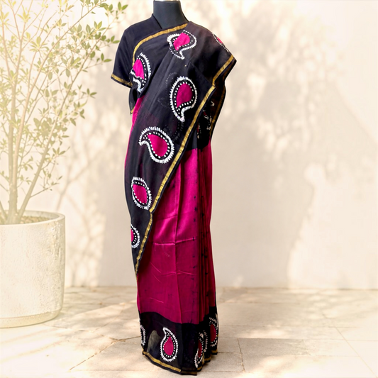 Pure Chanderi Silk Handblock Print Saree- Wine