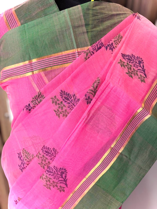 Pure Handloom Kanchi Cotton Saree- Pink