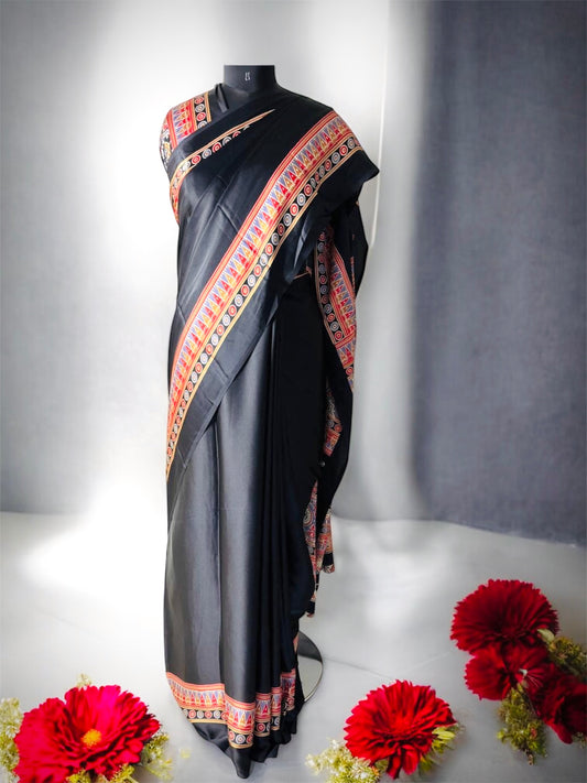 Black Modal Silk Ajrak Handblock Saree