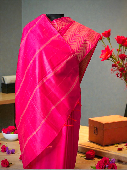 Fuchsia Pink Bhagalpuri Handwoven Tussar Silk Saree