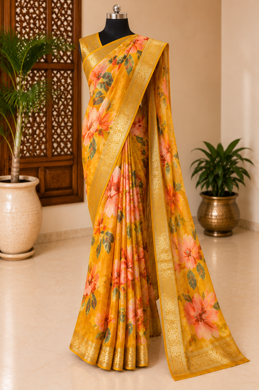 Yellow Designer Floral Chiffon Banarasi Border Saree