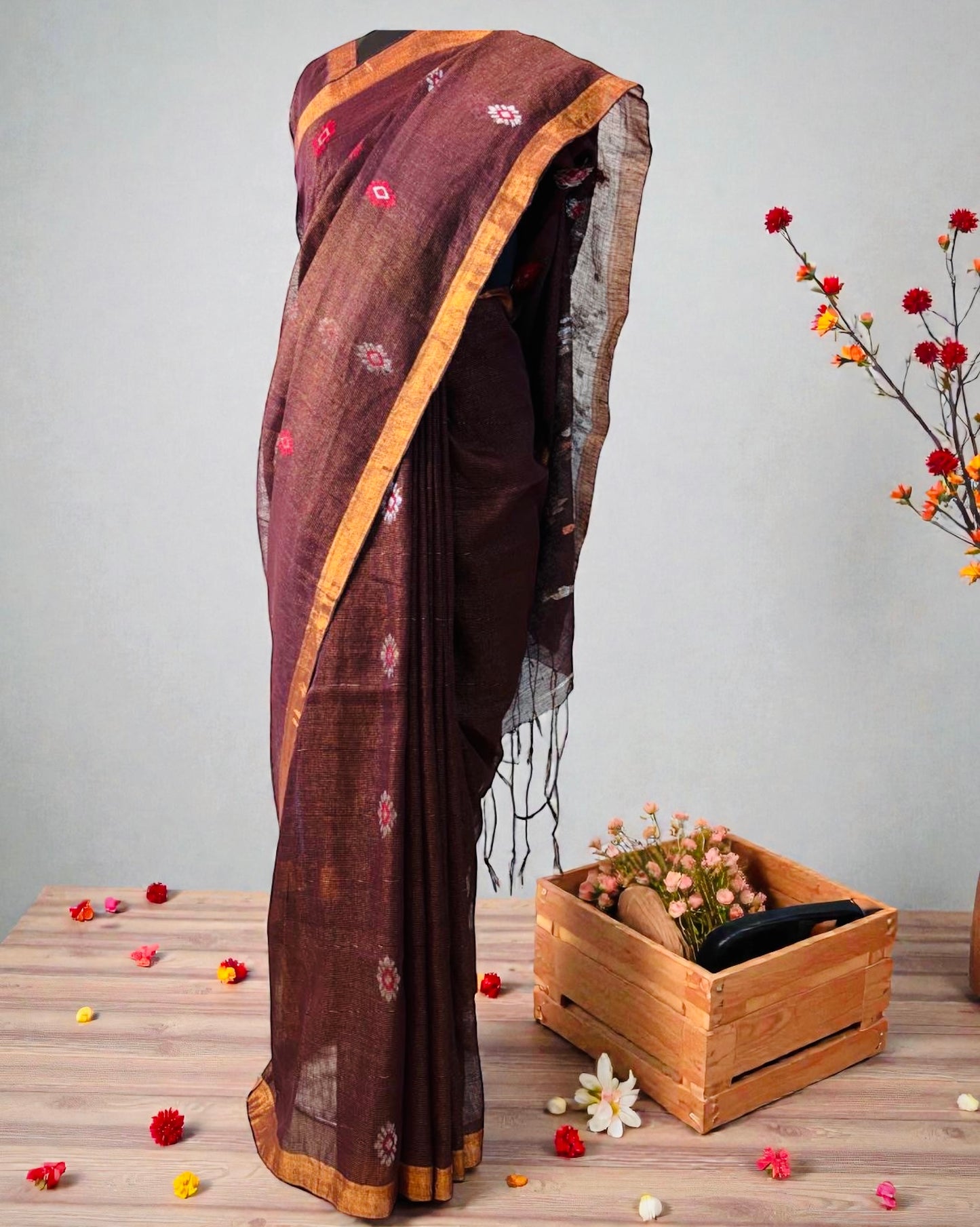 Tissue Linen Handwoven Saree- Coffee Brown