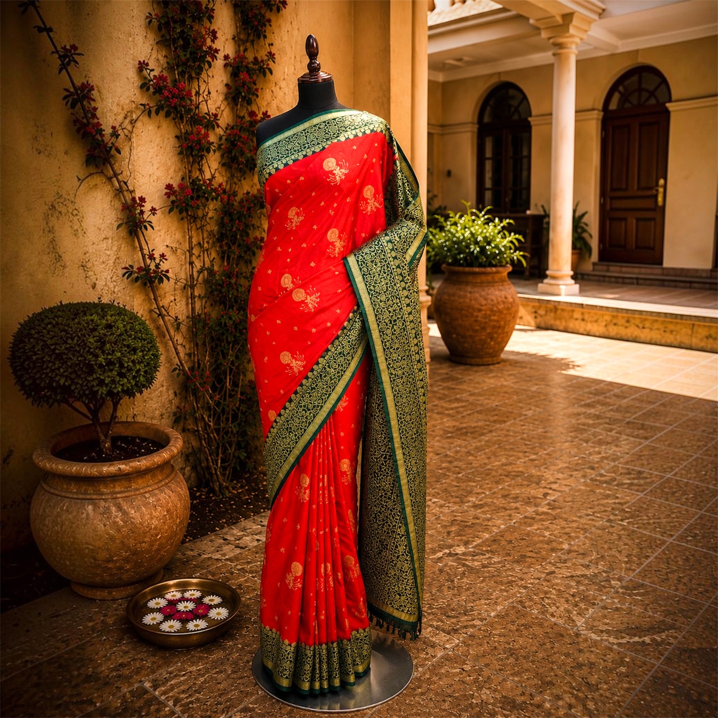 Designer Kancheepuram Hand- Embroidered Semi-Silk Saree- Red