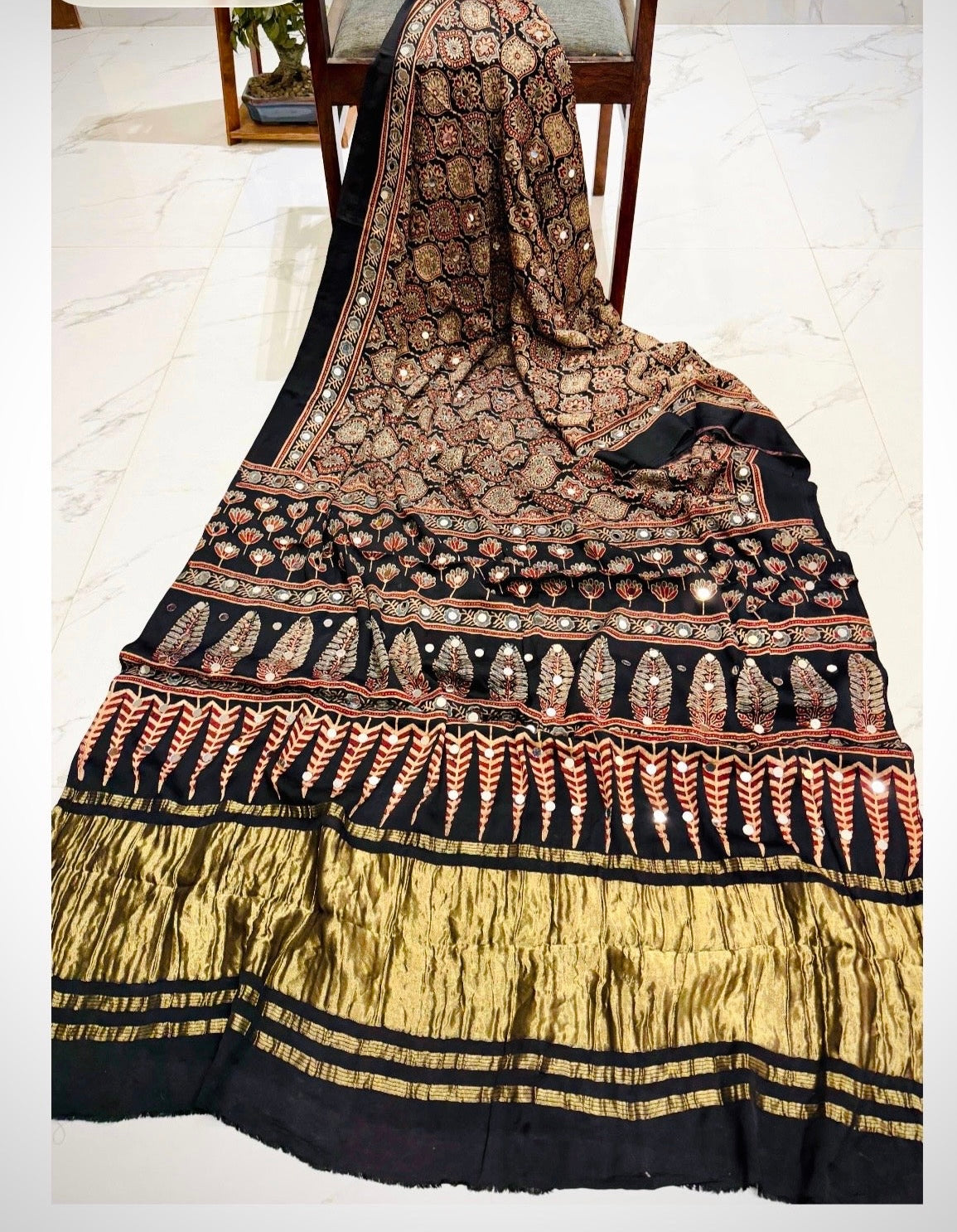 Pure Modal Silk Handblock Ajrakh Mirror Work Saree- Black Lotus