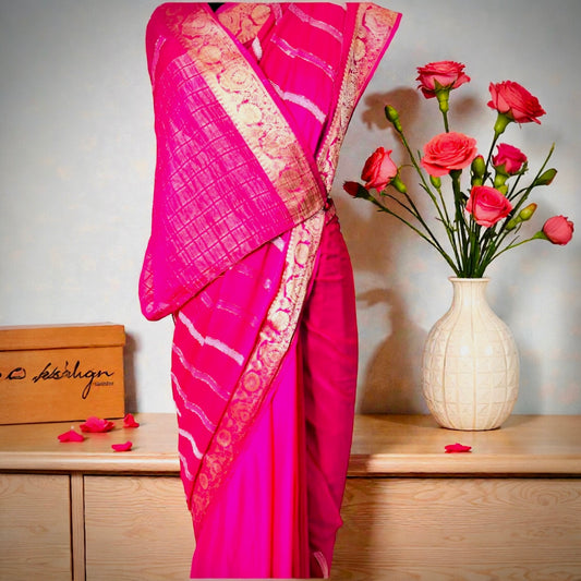 Designer Hand- Embroidered Sequins Work Pure Chinon Silk Saree- Rani Pink