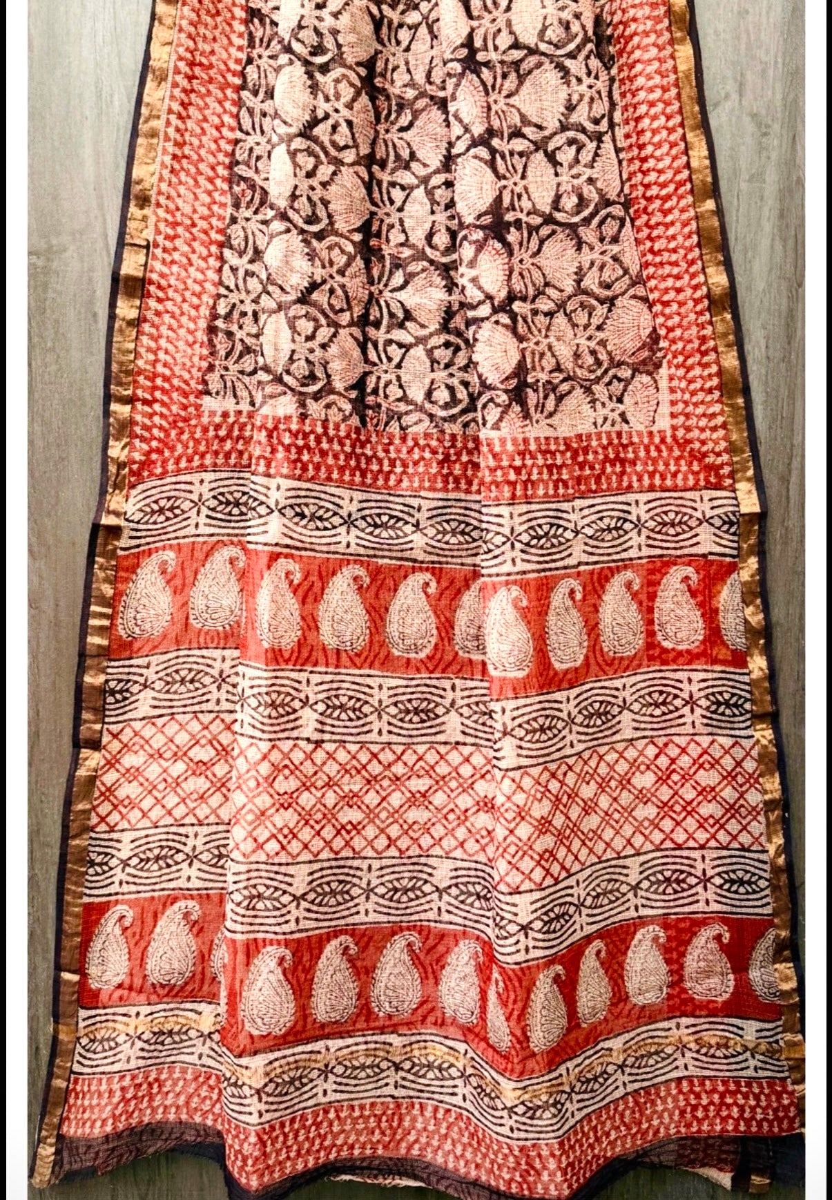 Kota Doria Pure Handloom Hand-block Print Saree- Maroon