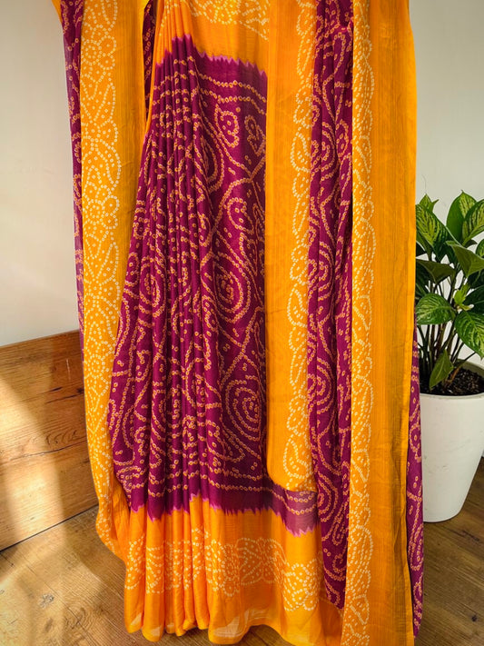 Chiffon Bandhani Saree- Yellow Red
