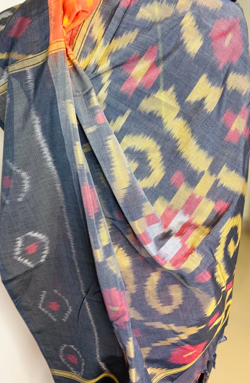 Orange- Mercerised Cotton Handloom Pochampally Ikat Saree