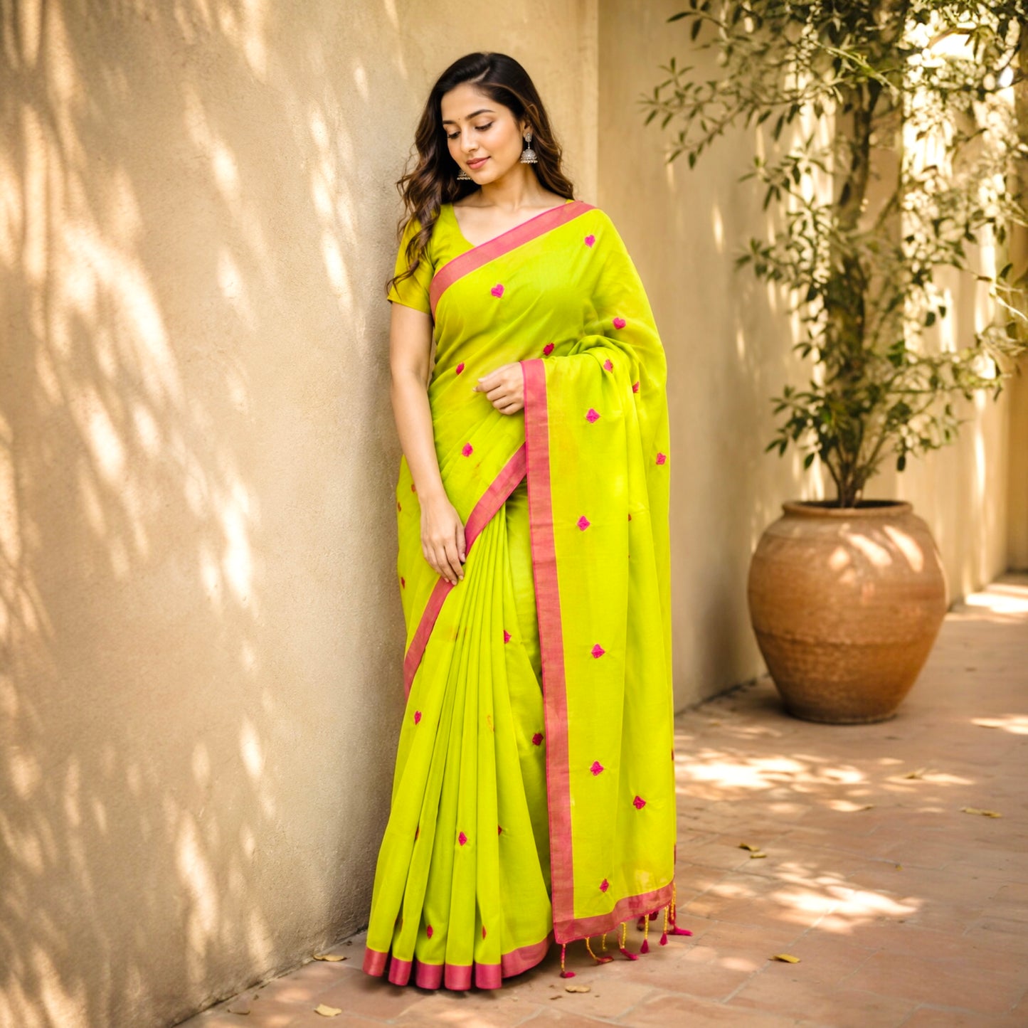 Premium Heart Mul Cotton Handloom Saree- Green