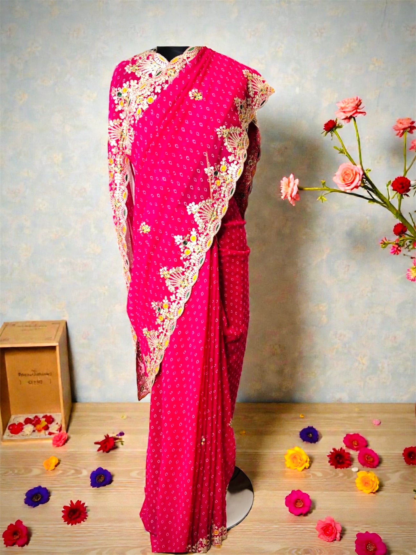 Pink Pure Georgette Bandhani with Pitta Work
