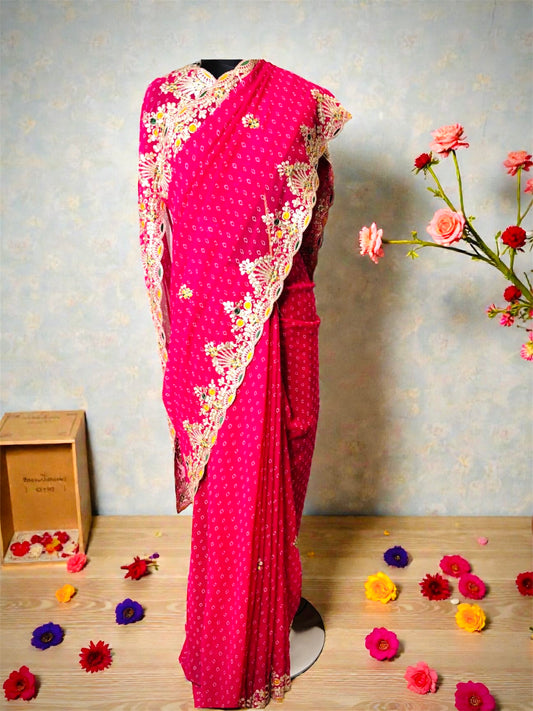 Pink Pure Georgette Bandhani with Pitta Work