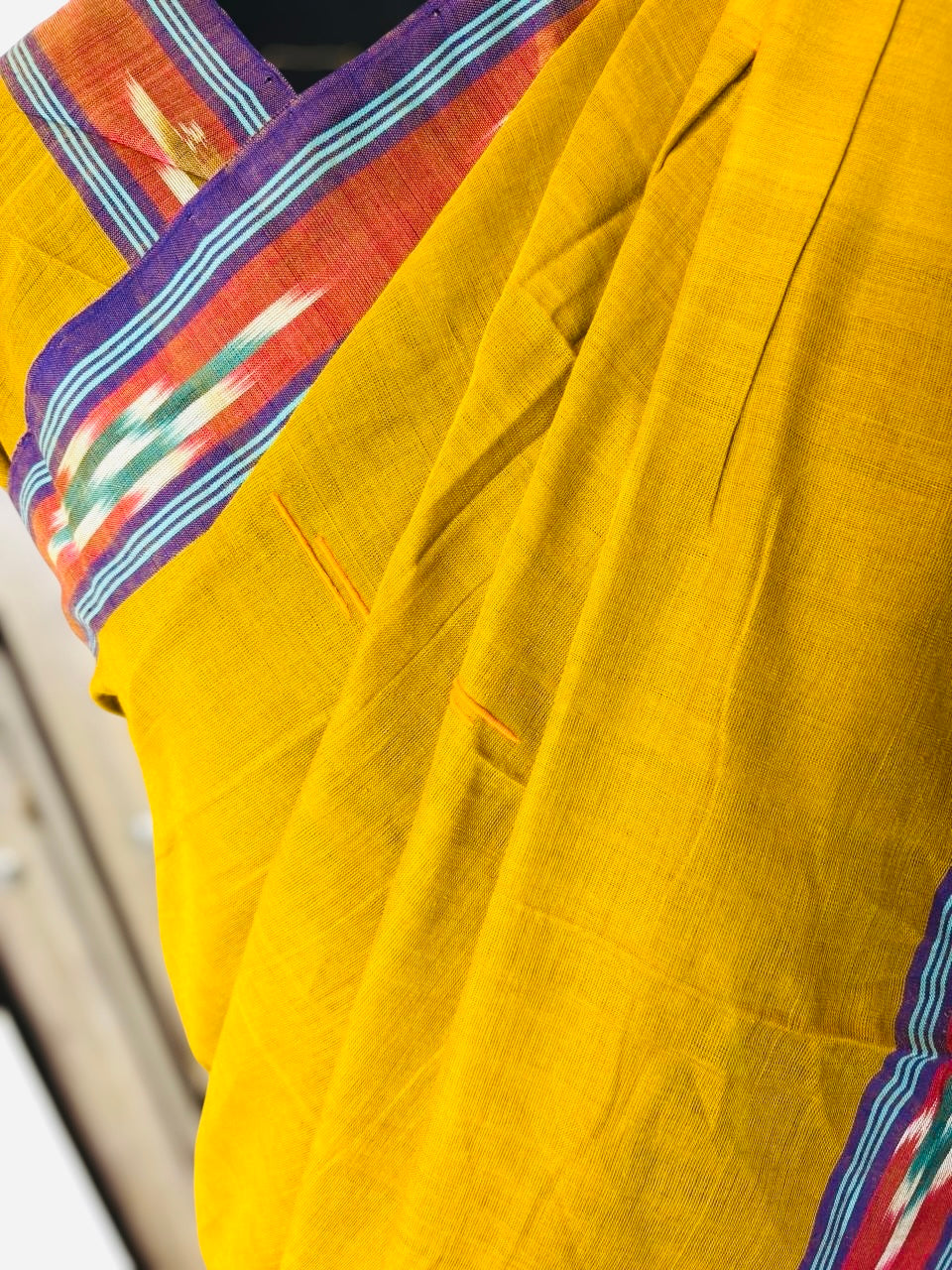 Mercerised Cotton Pochampally Ikat Cotton Saree- Warm Olive Green